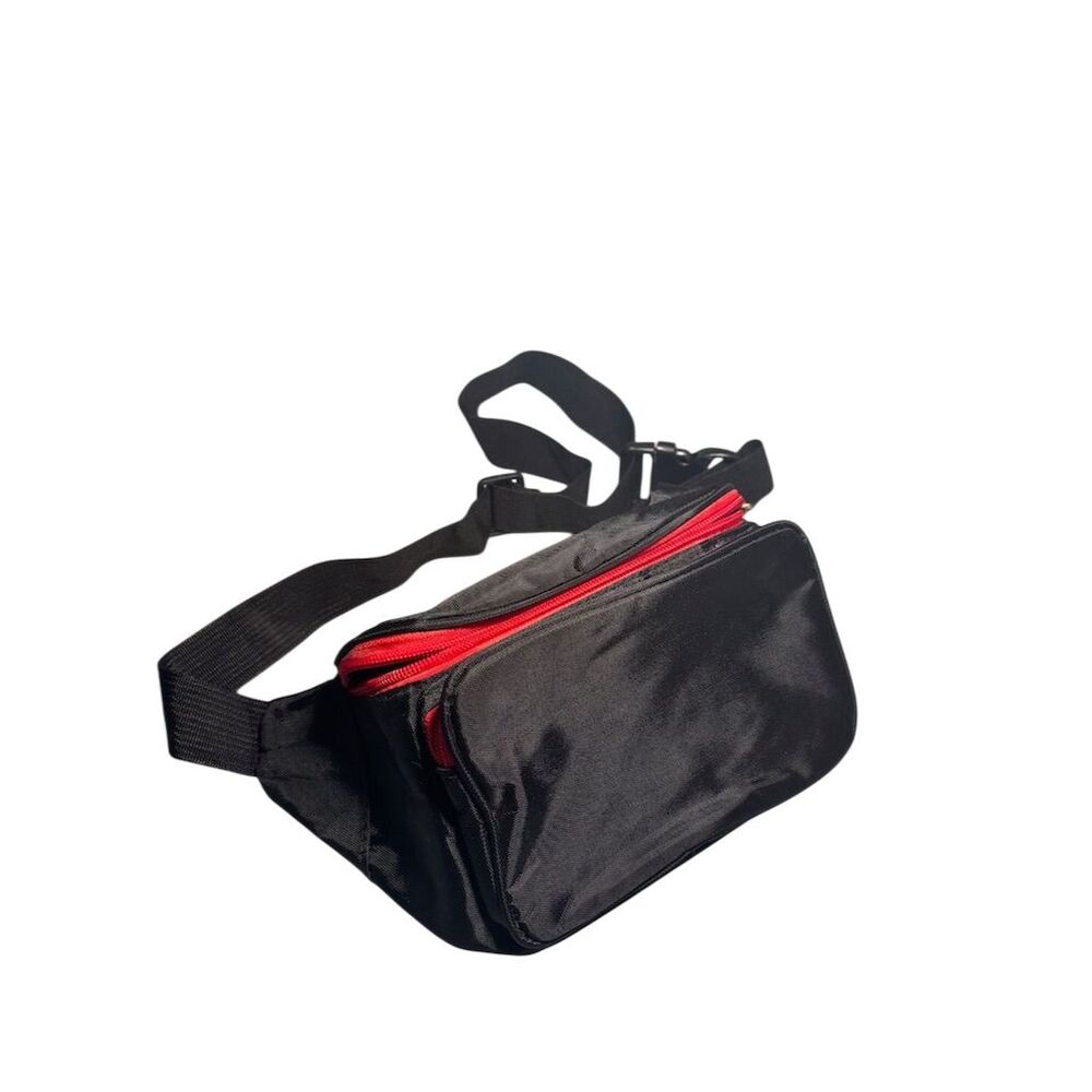 Black Fanny Pack Unisex Adjustable Strap Red Zippers Travel Bag